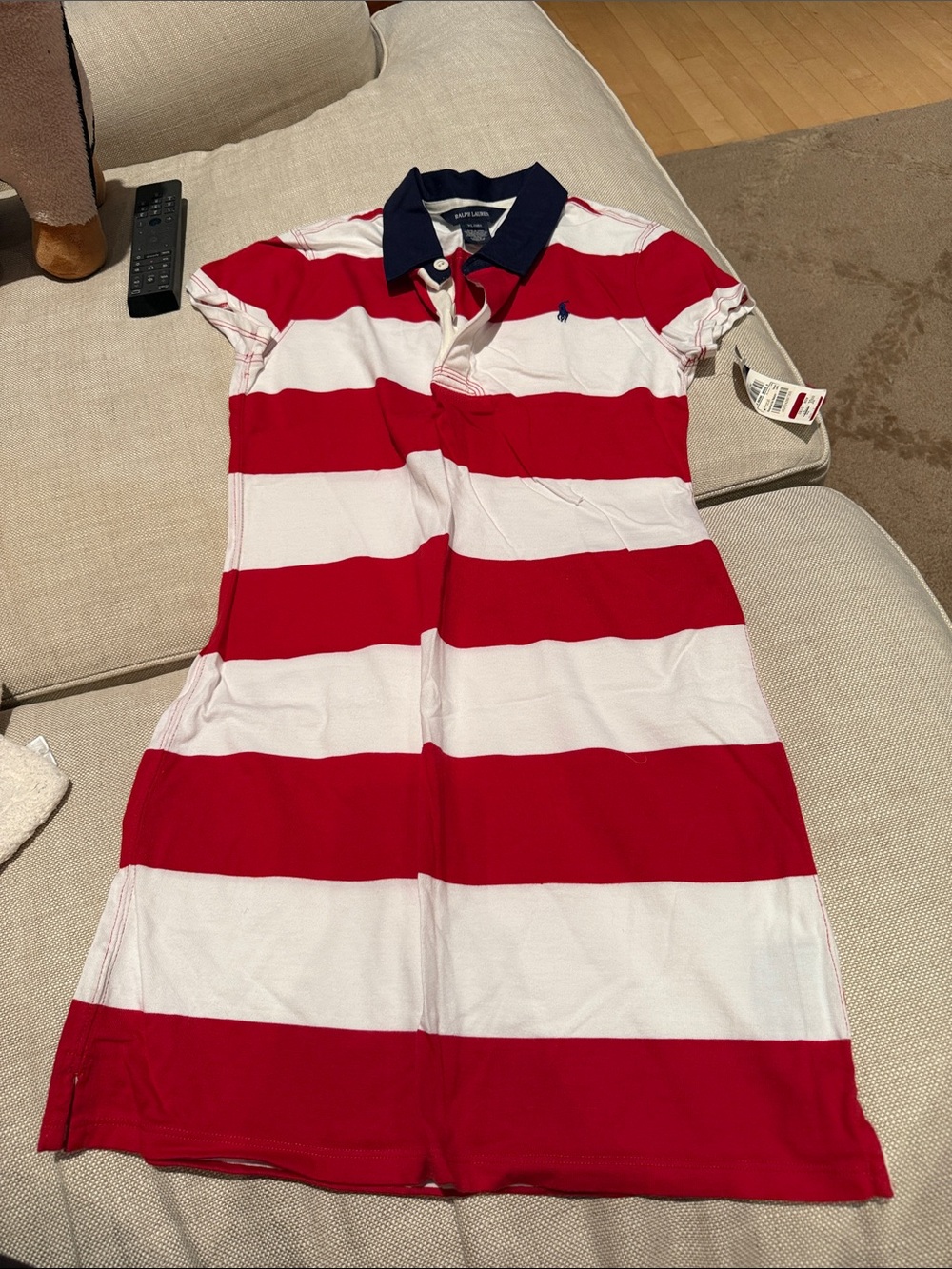 Ralph Lauren Kids Red & White Striped Polo Dress with Navy Collar